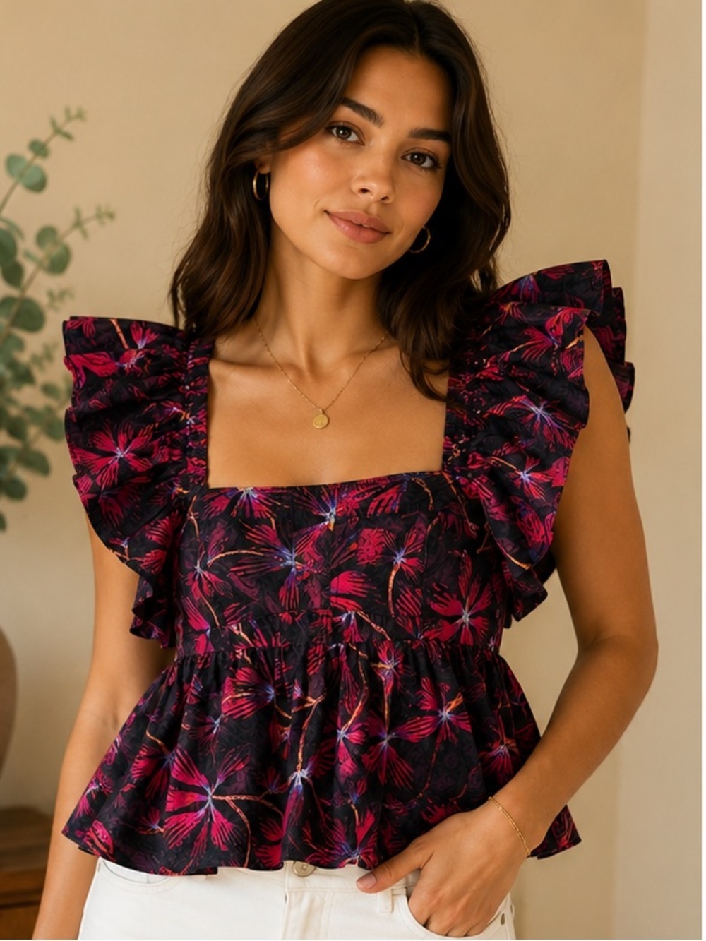Ulla Johnson Floral Ruffle Strap Peplum Top Size 6 Pink Black Cotton Blouse